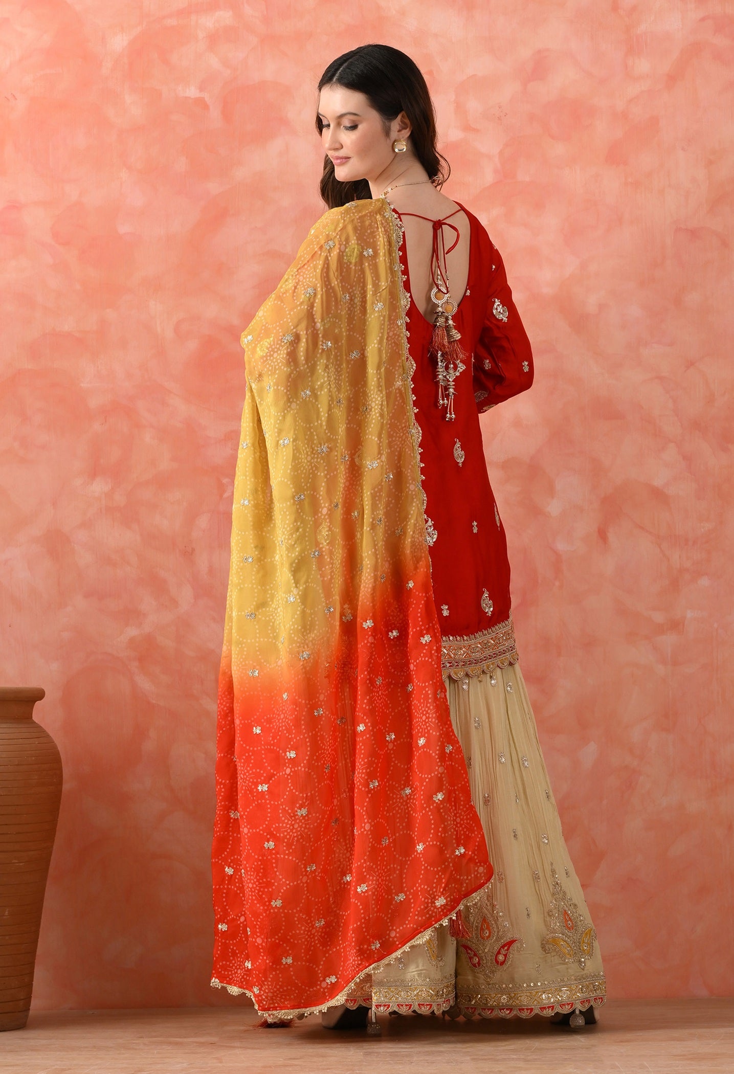 Red Crepe & Chinon Zardozi Sharara Set