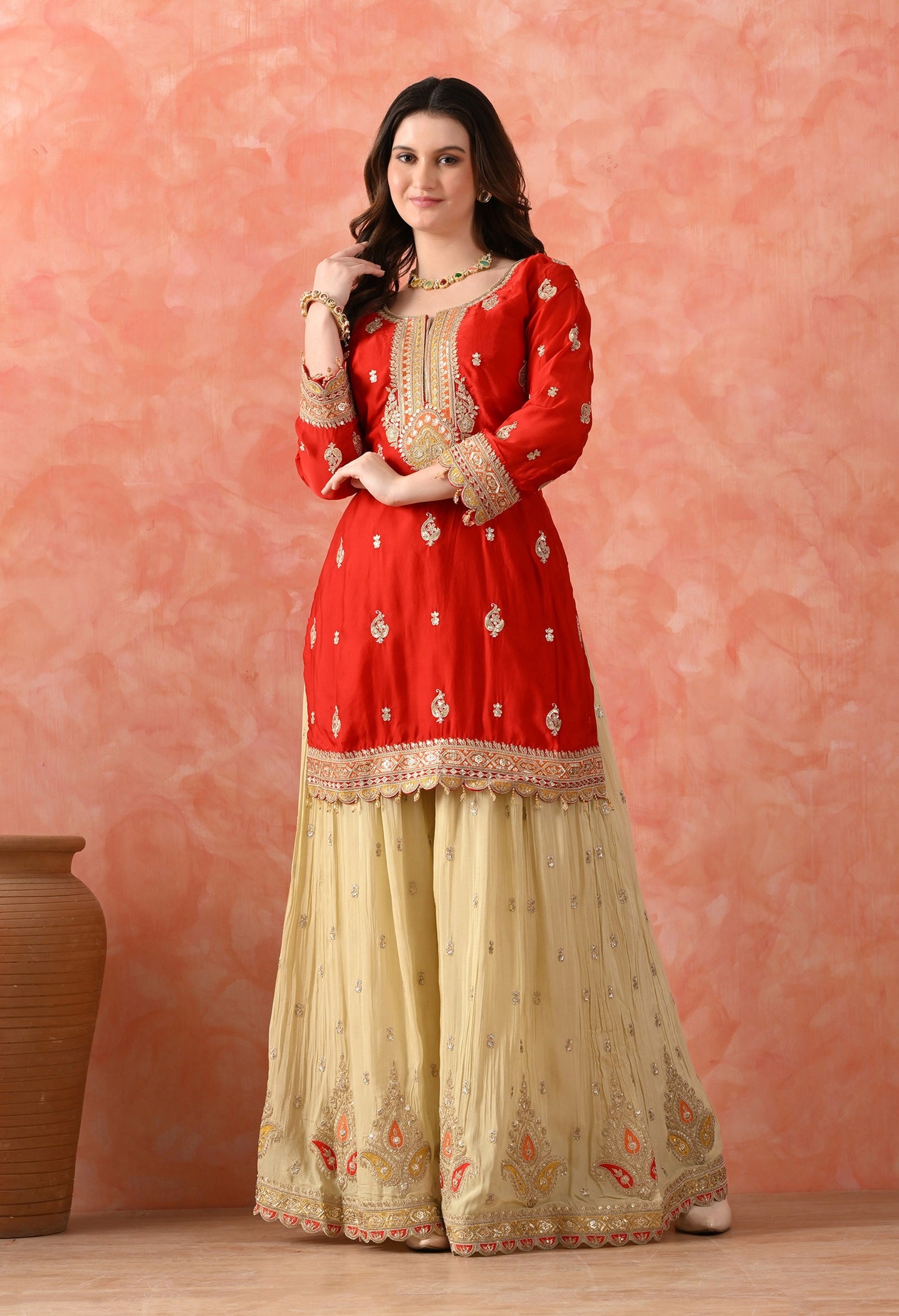 Red Crepe & Chinon Zardozi Sharara Set