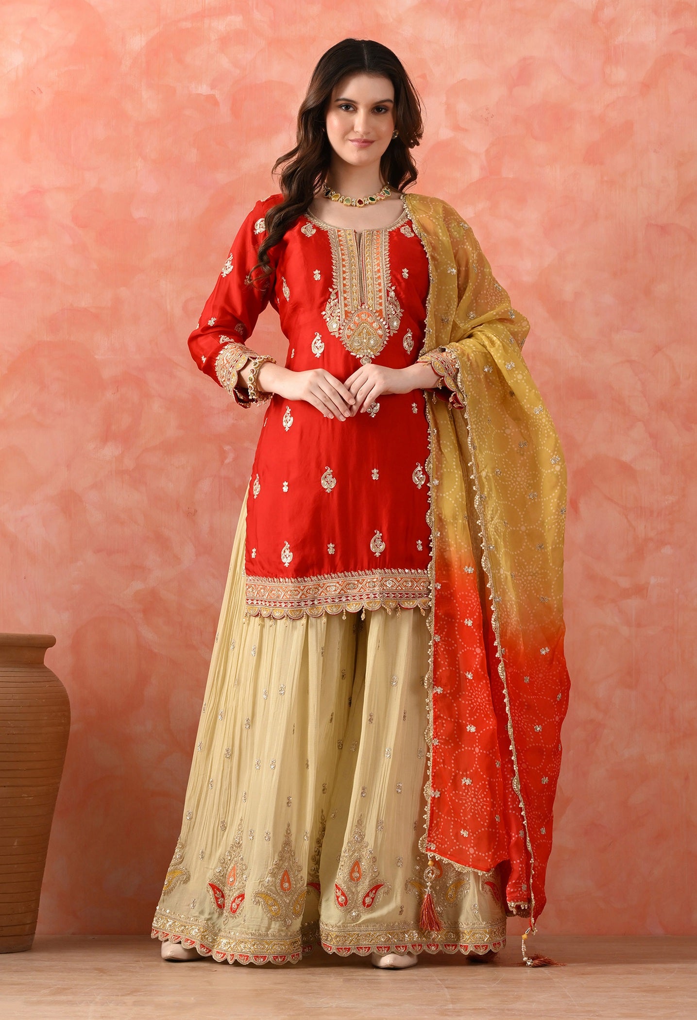 Red Crepe & Chinon Zardozi Sharara Set