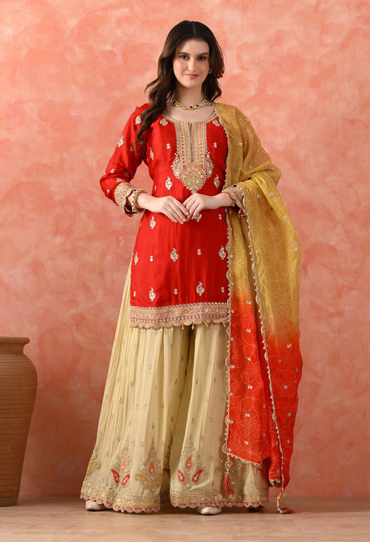 Red Crepe & Chinon Zardozi Sharara Set