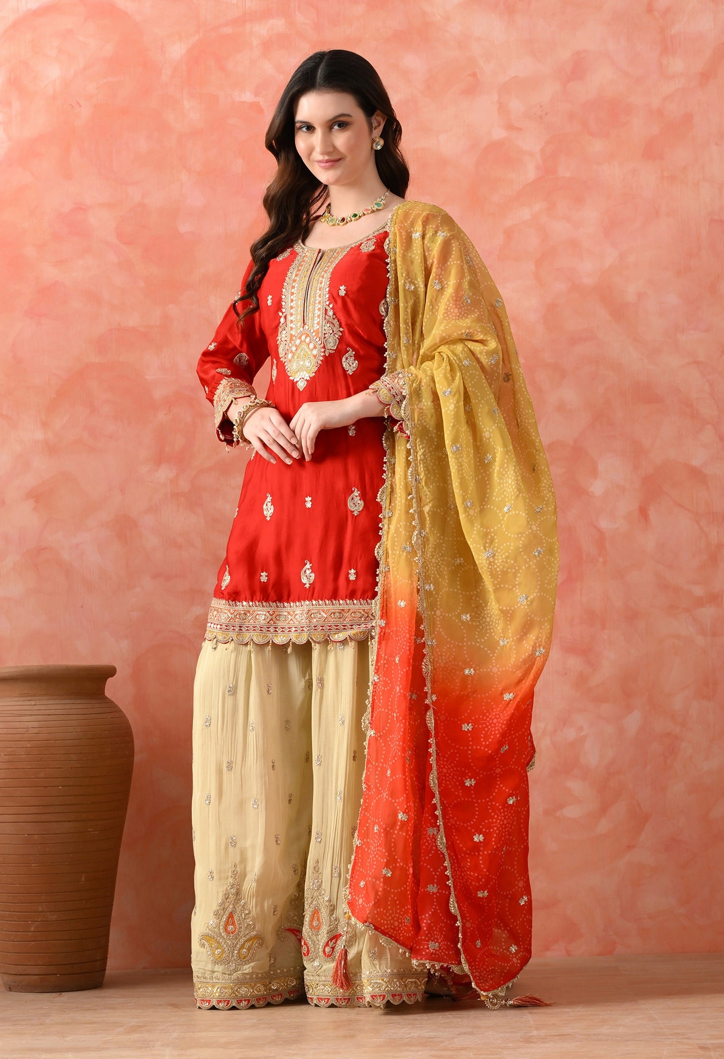 Red Crepe & Chinon Zardozi Sharara Set