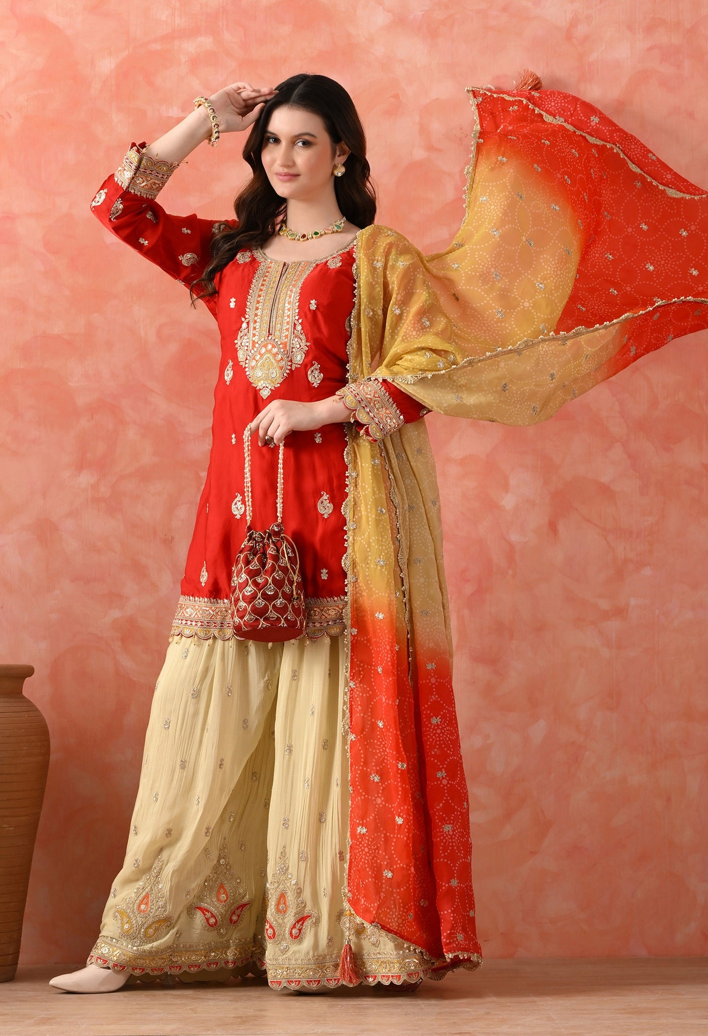 Red Crepe & Chinon Zardozi Sharara Set