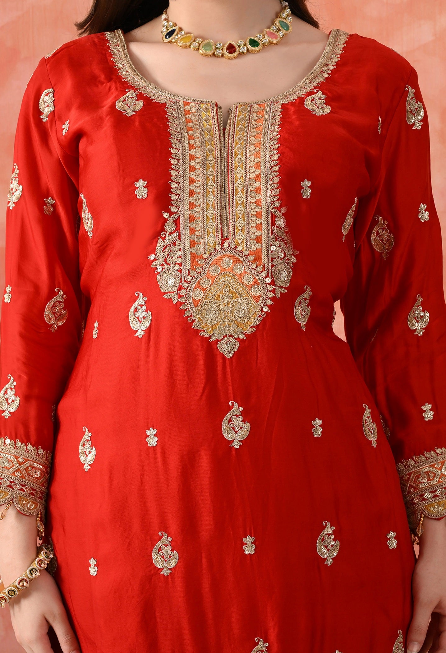 Red Crepe & Chinon Zardozi Sharara Set