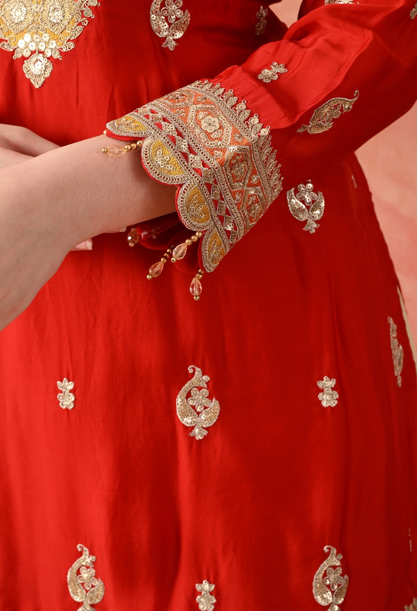 Red Crepe & Chinon Zardozi Sharara Set