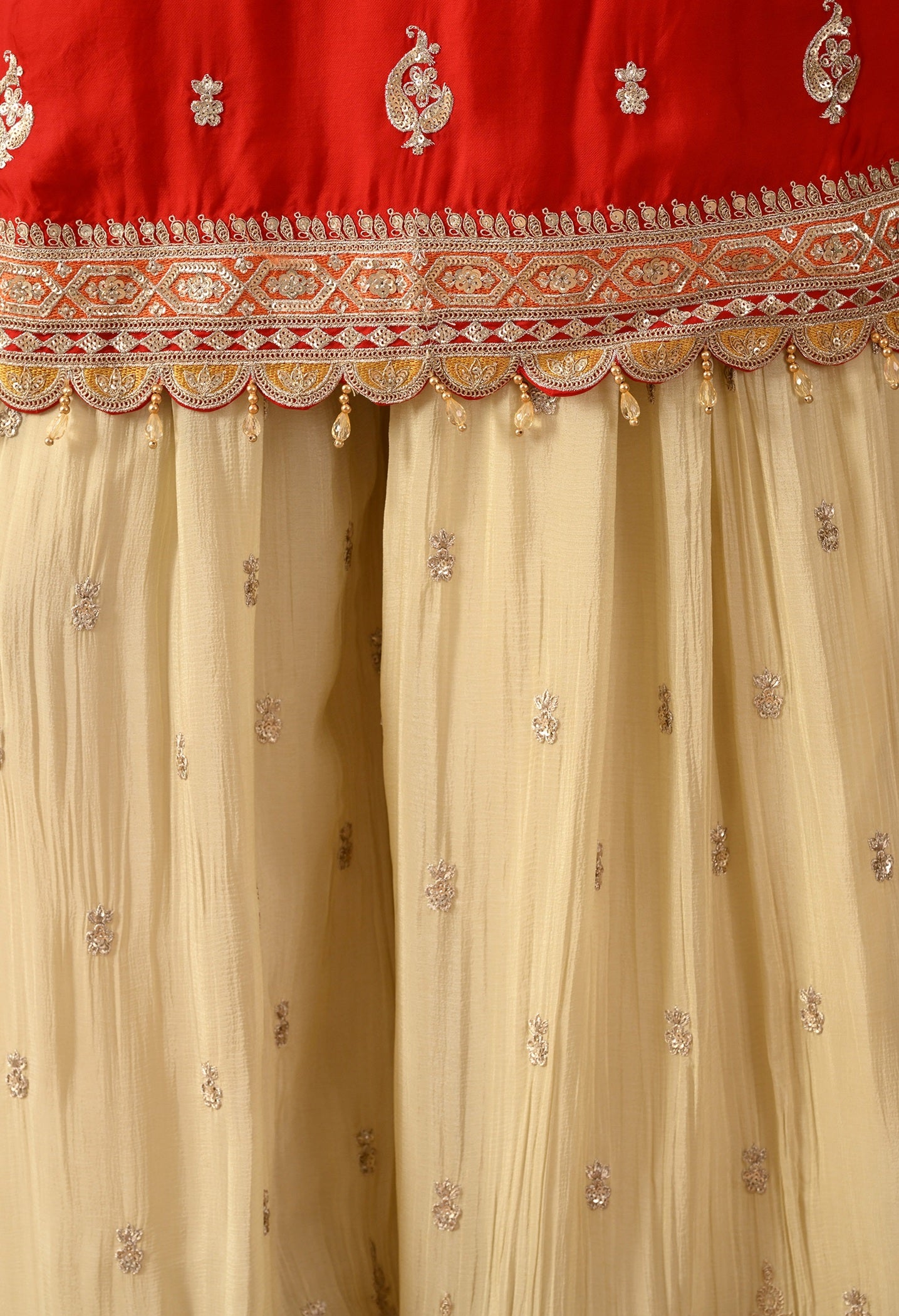 Red Crepe & Chinon Zardozi Sharara Set
