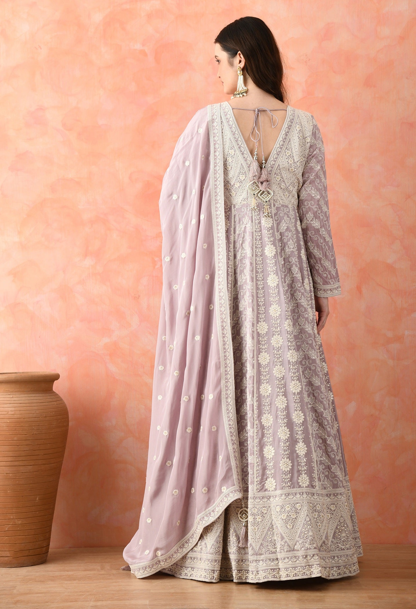 Light Purple Thread Work Crepe Anarkali Set