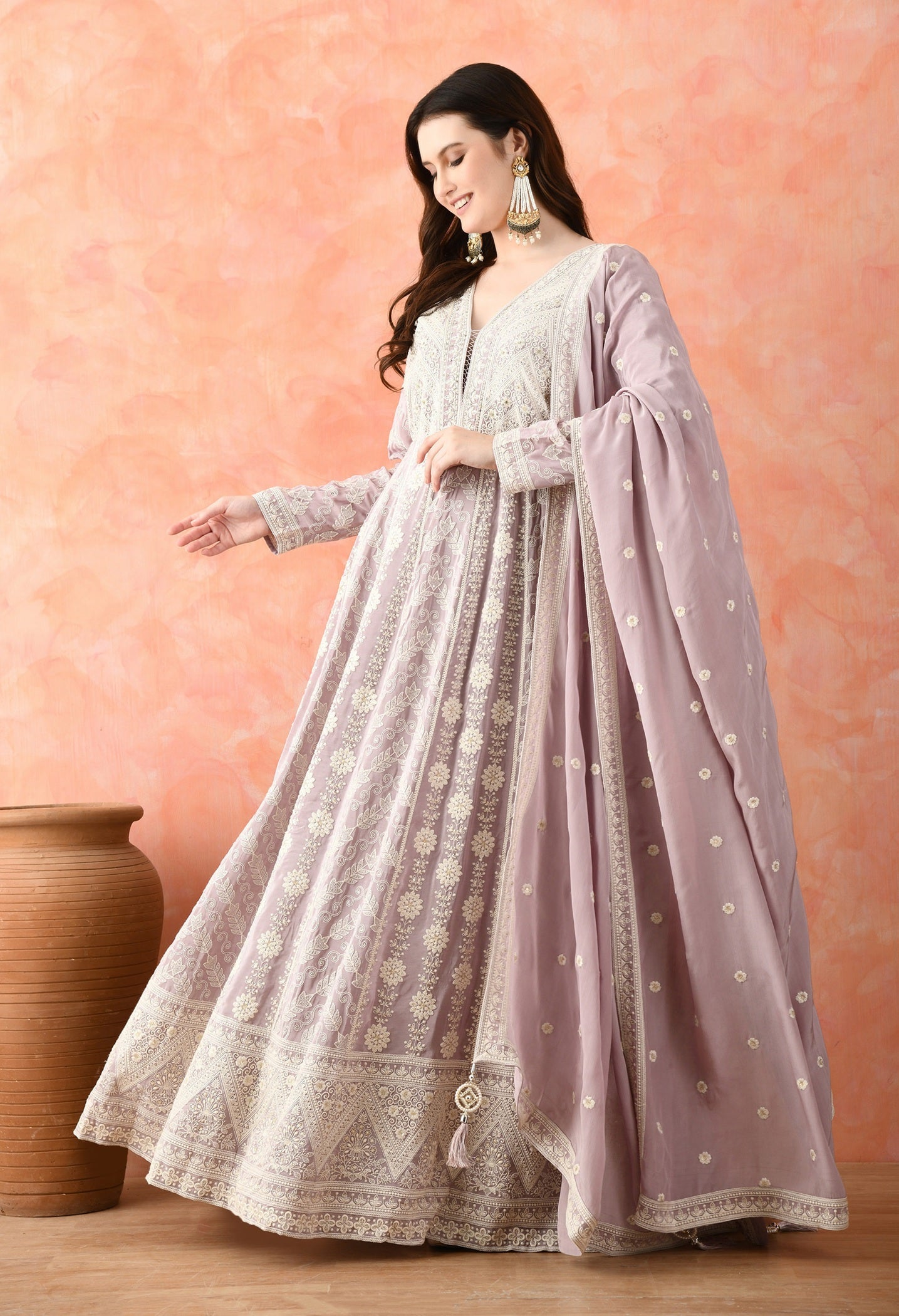 Light Purple Thread Work Crepe Anarkali Set