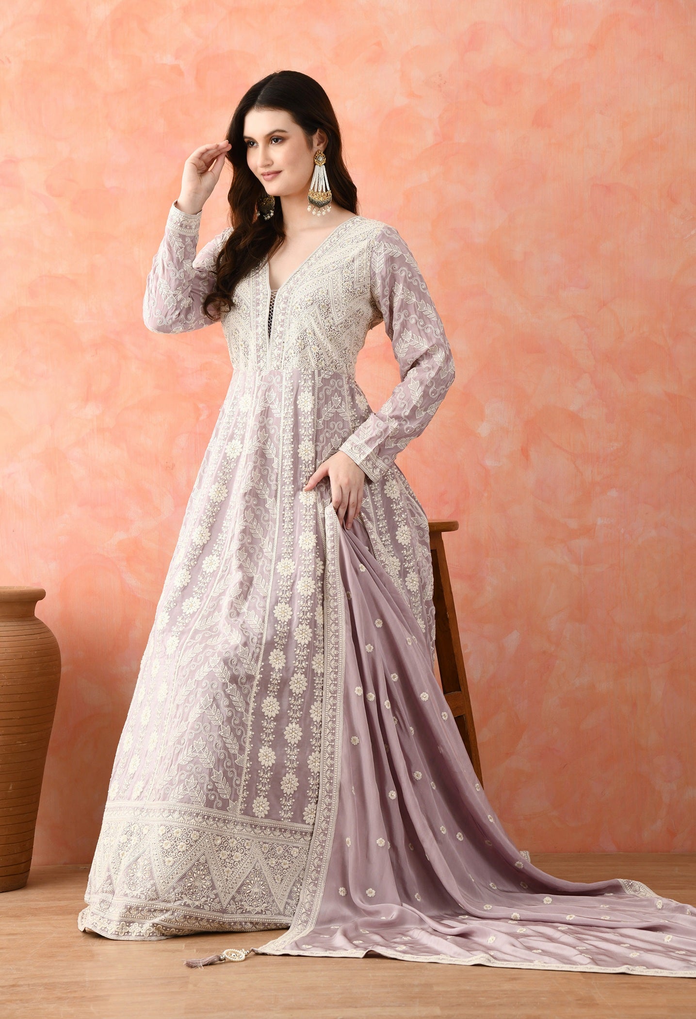 Light Purple Thread Work Crepe Anarkali Set