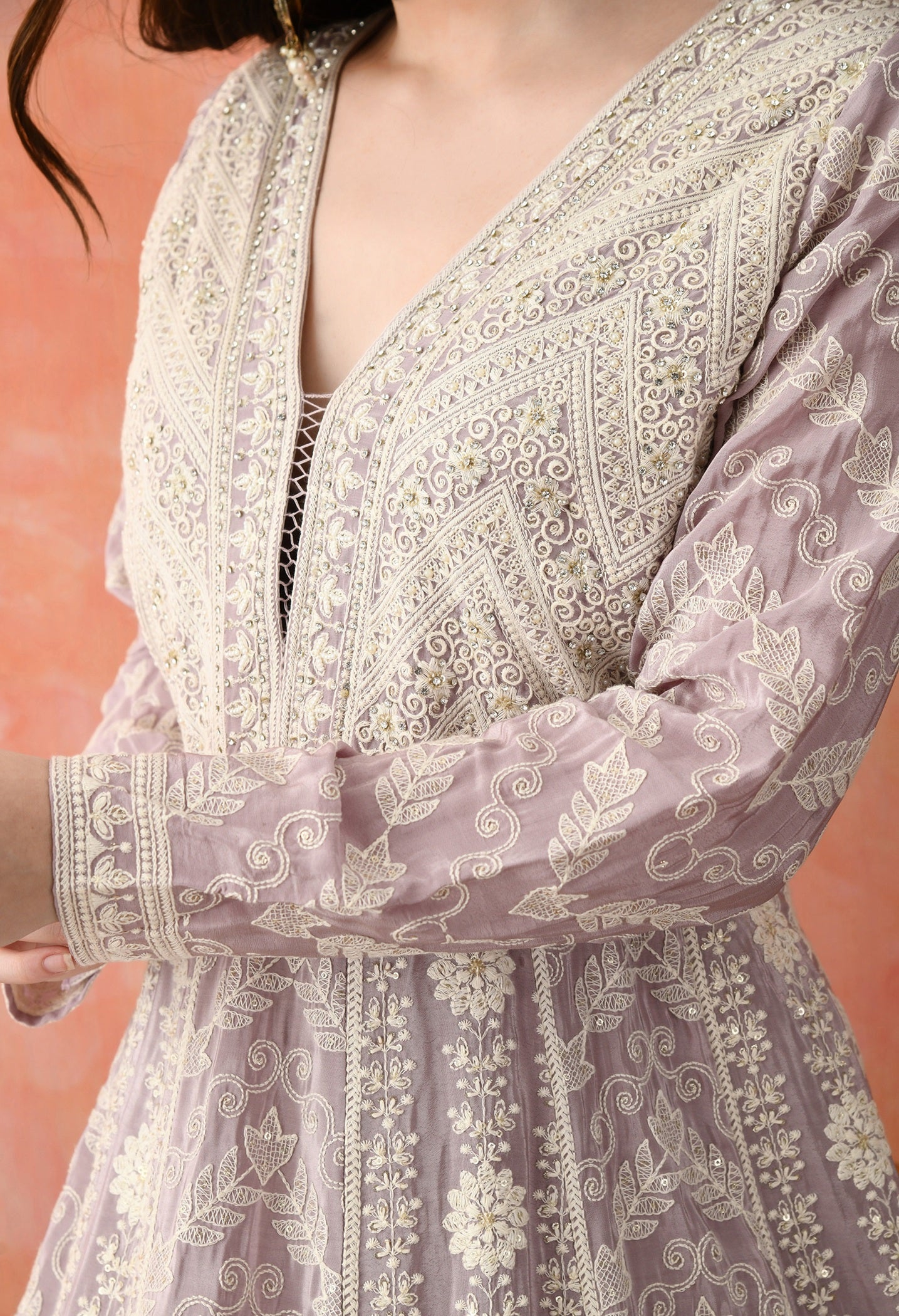 Light Purple Thread Work Crepe Anarkali Set