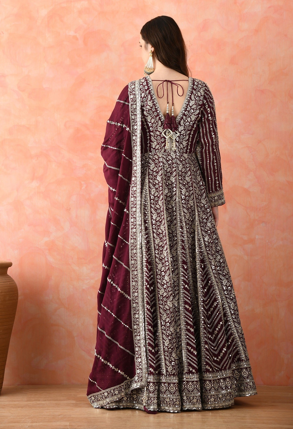 Wine Zardozi Crepe Anarkali Set