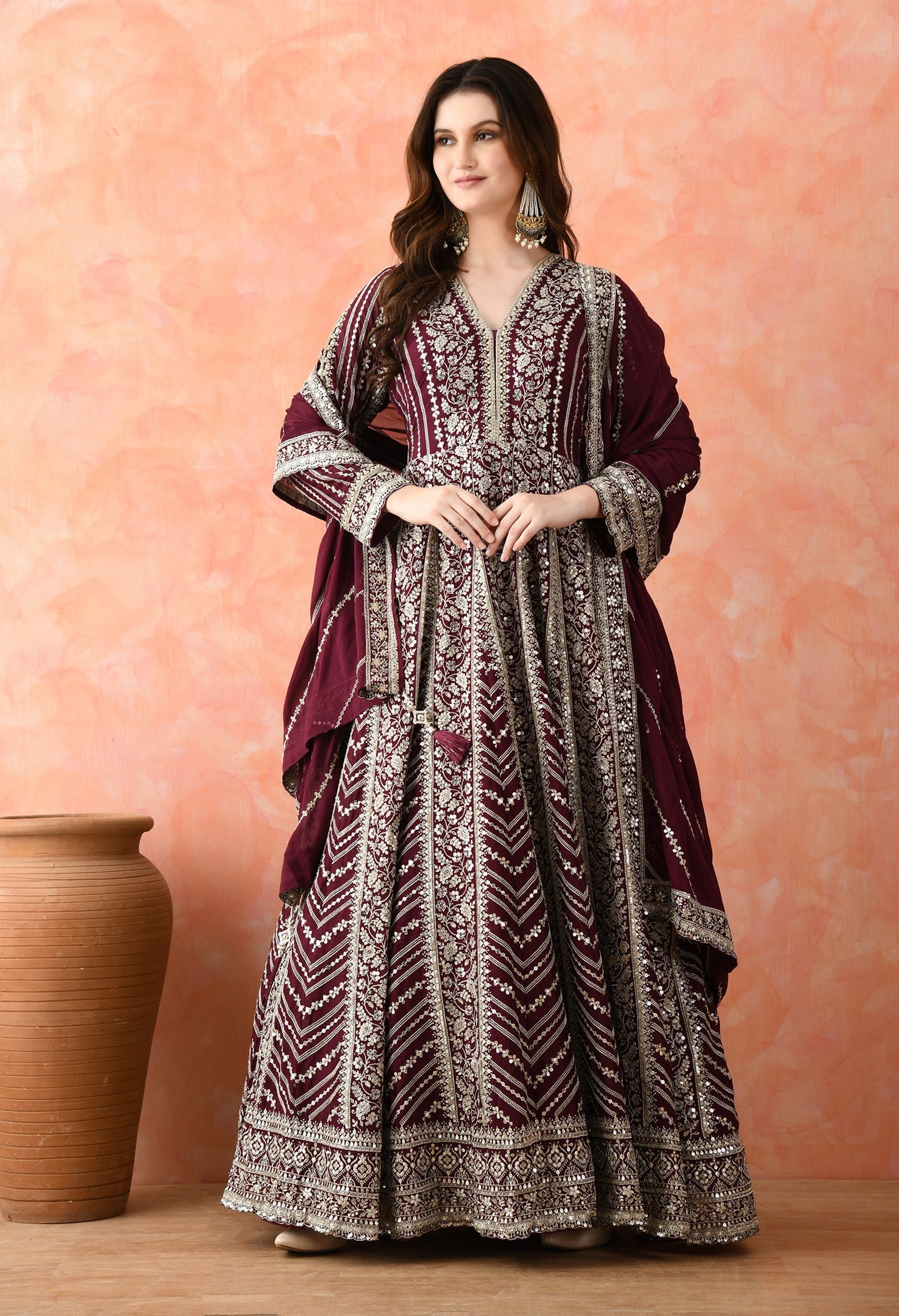Wine Zardozi Crepe Anarkali Set