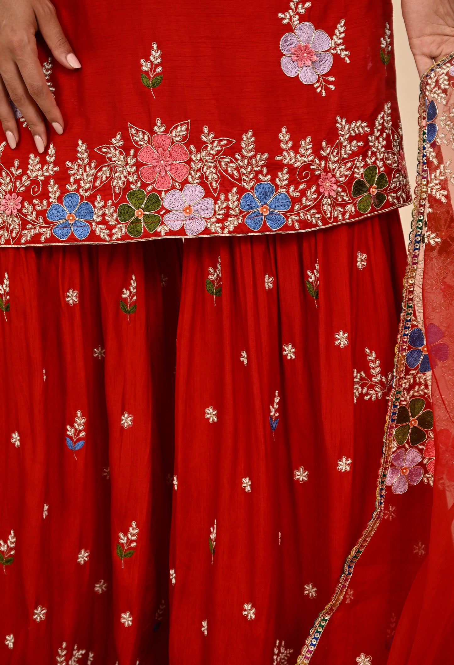Vibrant Red Silk Garara Set with Zardozi Embroidery, Thread, and Pearl Work