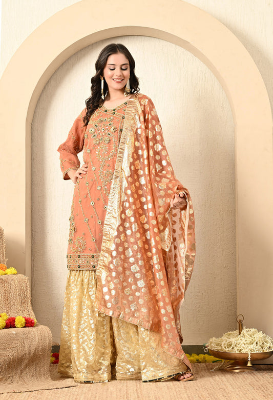 Dark Peach Gharara Set with Gotta, Pearl, and Zardozi Work