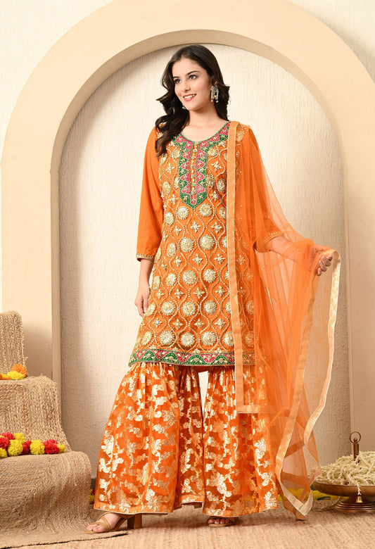 Light Orange Gharara Set with Gotta, Zari, and Crystal Work