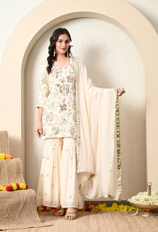 Subtle Cream Gharara Set with beautiful Mukaish Work