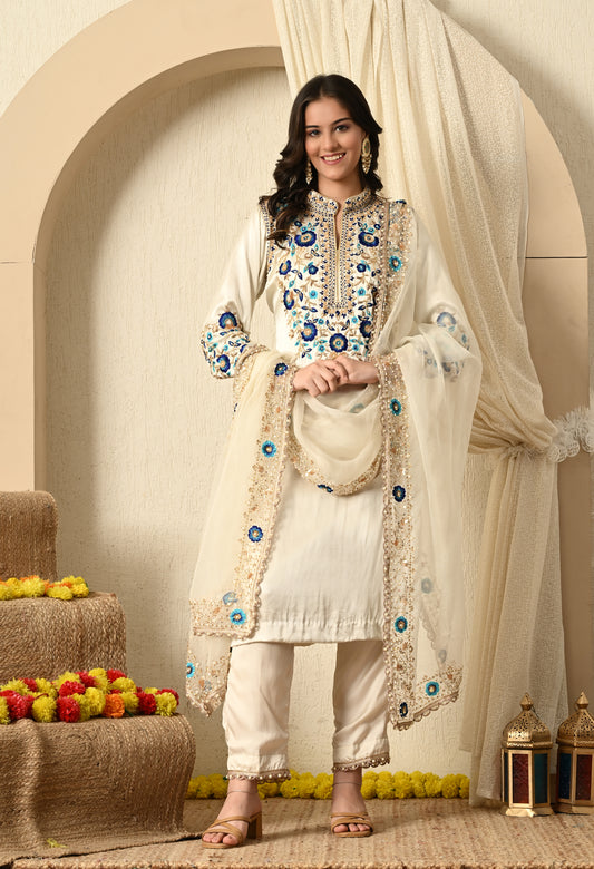 Greenish Cream Kurta Set with Zardozi, Thread, Sequin and Cutdana Work
