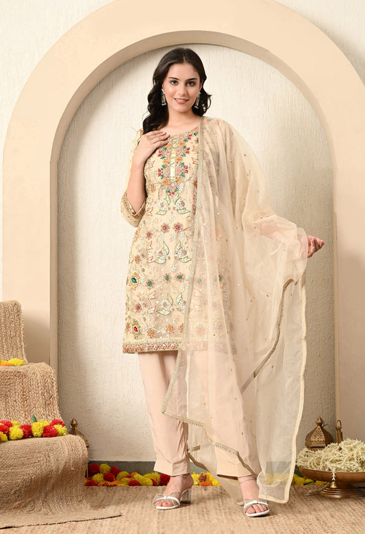 Golden Cream Kurta Set with Gota Patti, Thread, and Zardozi Work