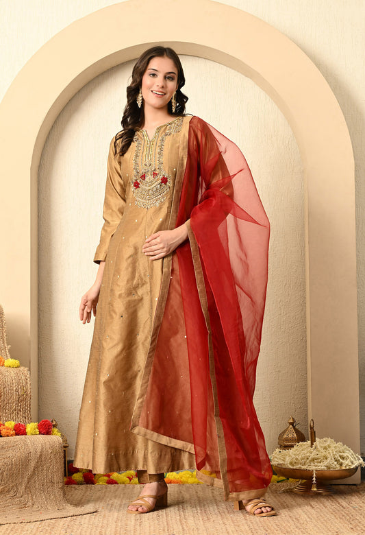 Golden Brown Anarkali Set with Zardozi, Thread, and Sequin Work