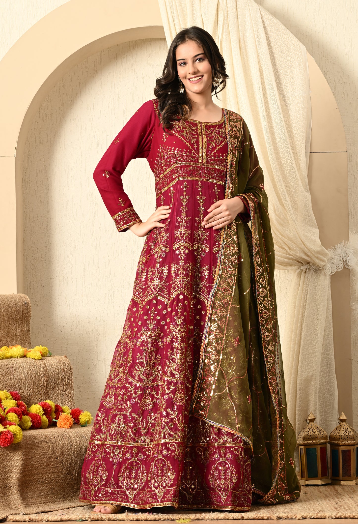 Hot Pink Anarkali with Zardozi and Sequin Work