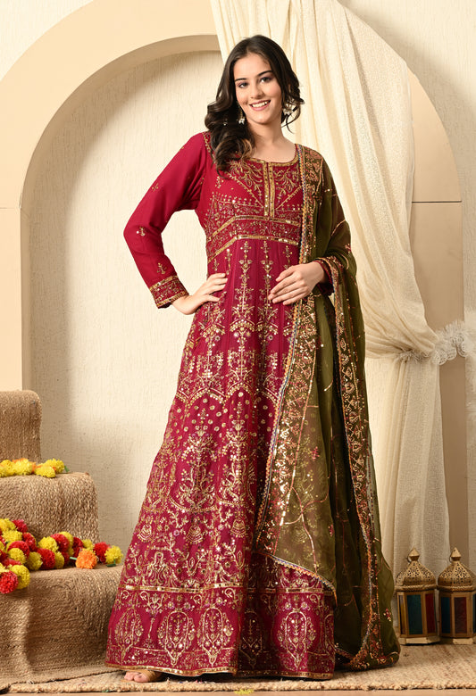 Hot Pink  Anarkali with Zardozi and Sequin Work