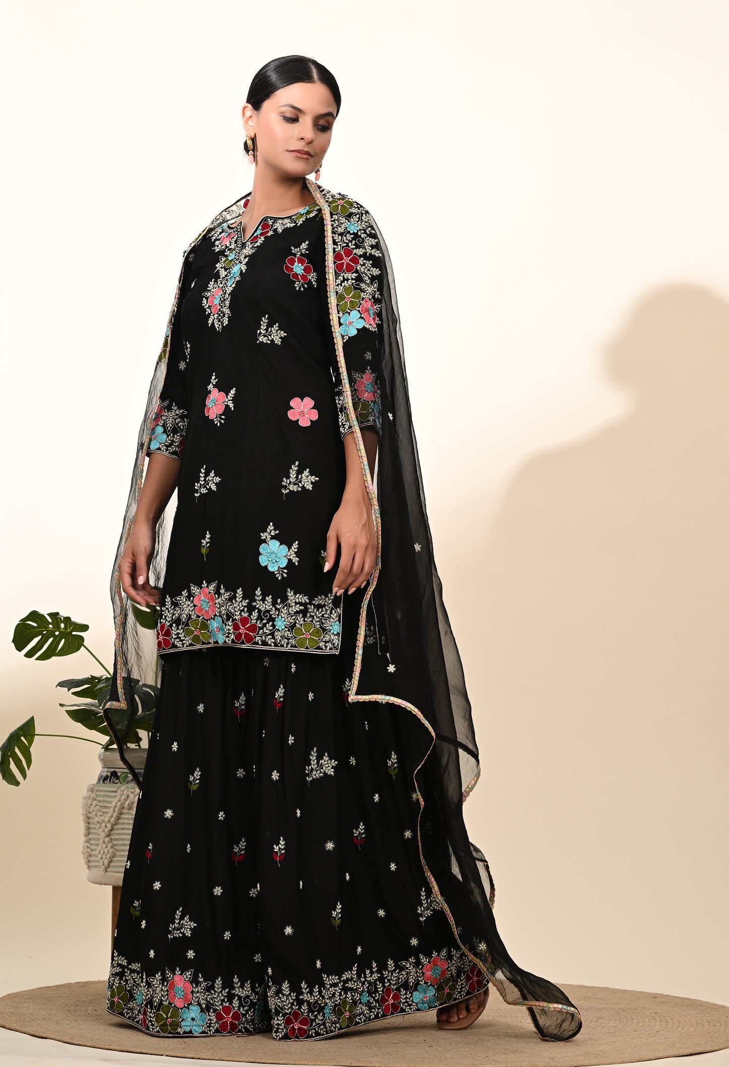 Striking Black Silk Gharara Set with Zardozi Embroidery