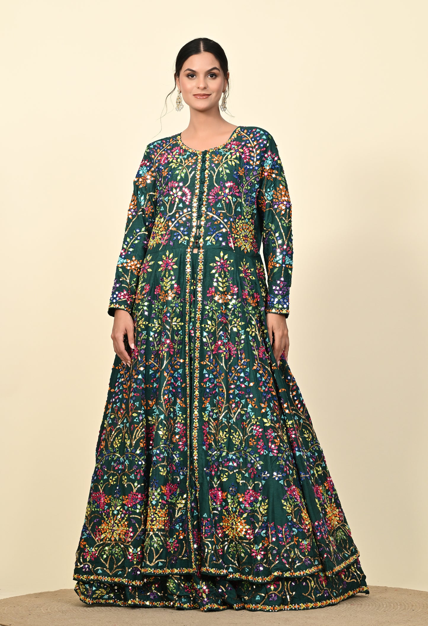 Elegant Green Lehnga with Jacket adorned with Mirror and Thread Work