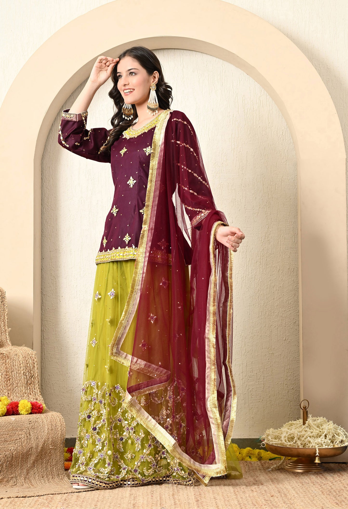 Dark Wine Lehnga Set with Gotta, Thread, Zardozi, and Zari Work