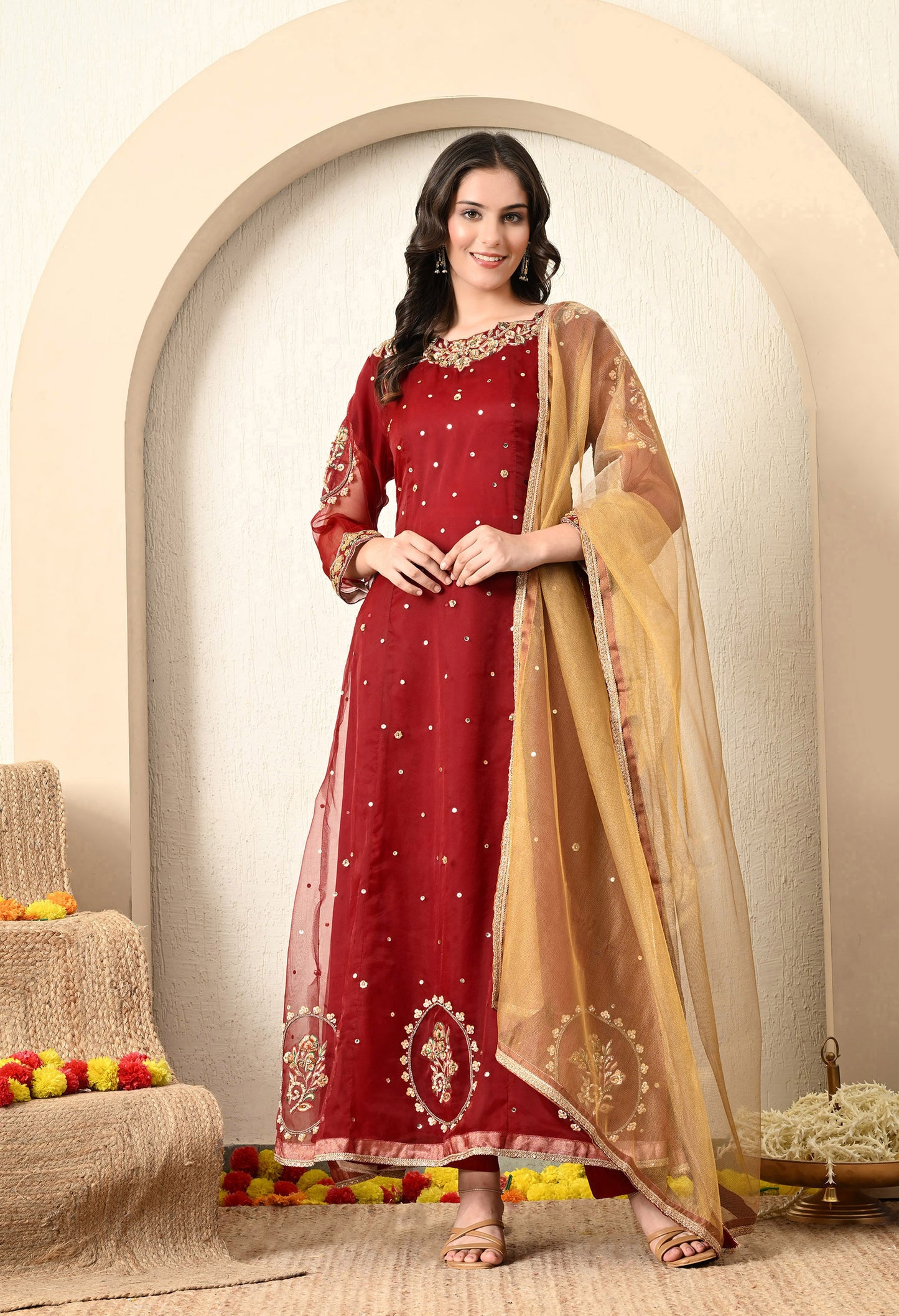 Dark Maroon Anarkali Set with Zardozi, Dabka and Sequin