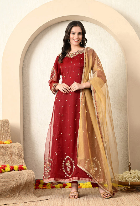 Dark Maroon Anarkali Set with Zardozi, Dabka and Sequin