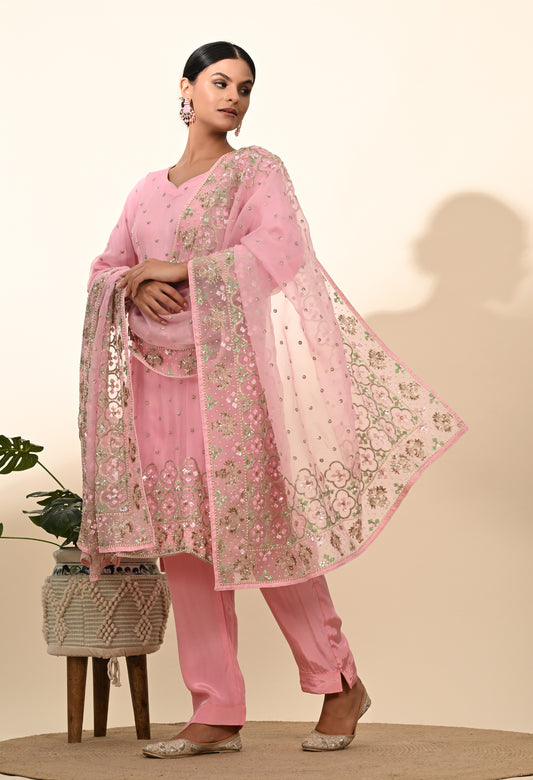Elegant Onion Pink Organza Kurta Set with Sequin and Thread Embroidery