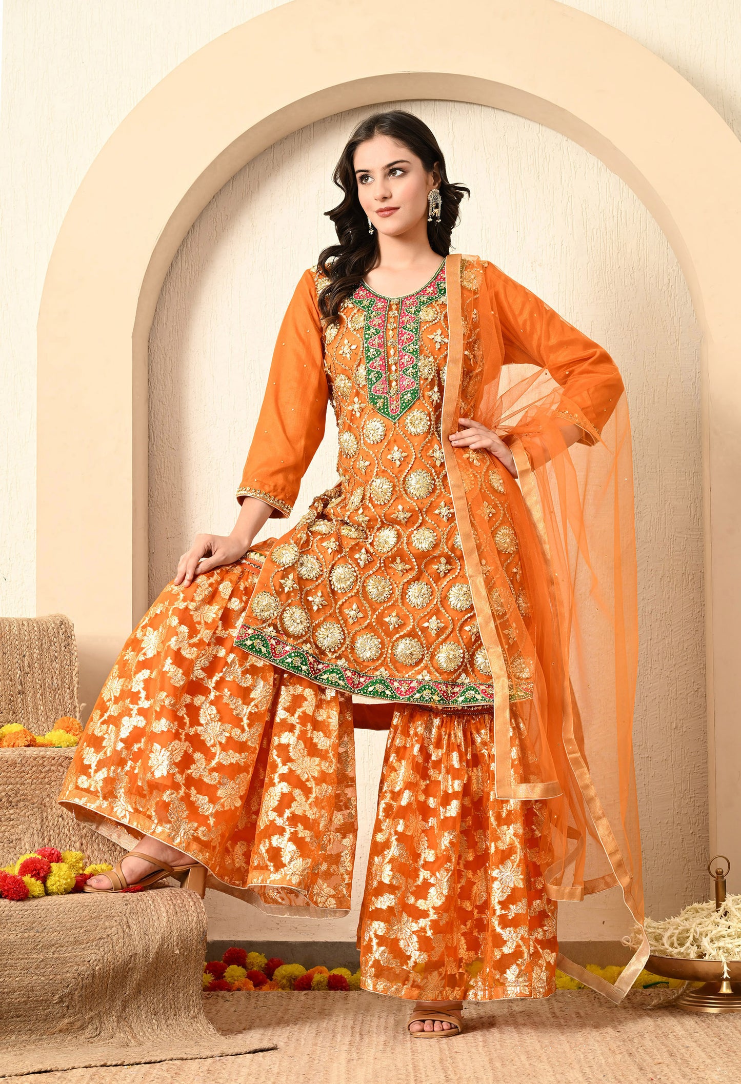 Light Orange Garara Set with Gotta, Zari, and Crystal Work