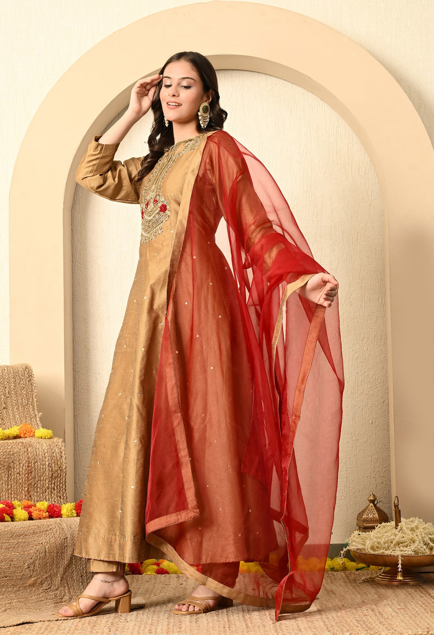 Golden Brown Anarkali Set with Zardozi, Thread, and Sequin Work