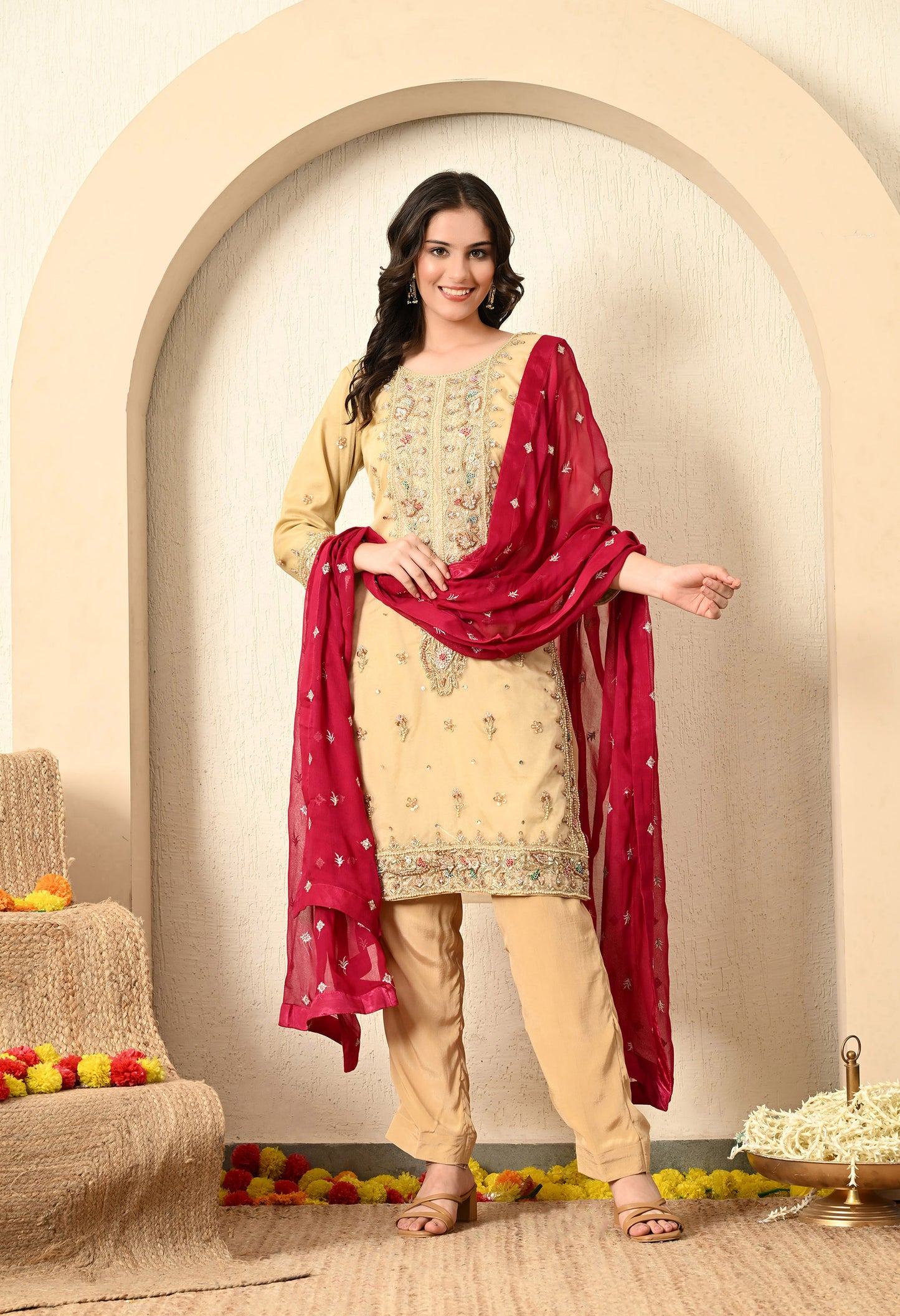 Golden Kurta Set with Zardozi, Dabka, Sequin and Pearl Work