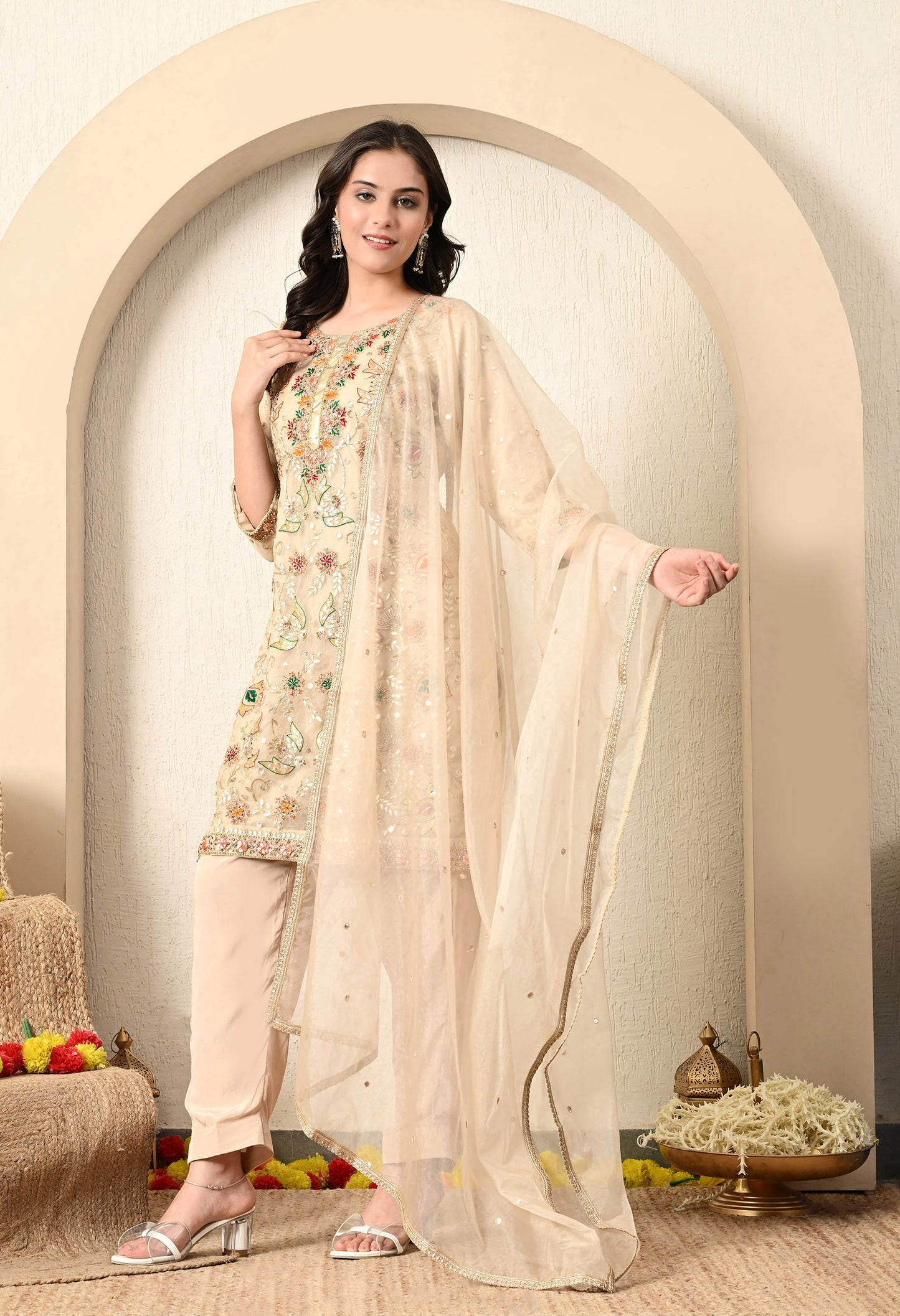 Golden Cream Kurta Set with Gota Patti, Thread, and Zardozi Work