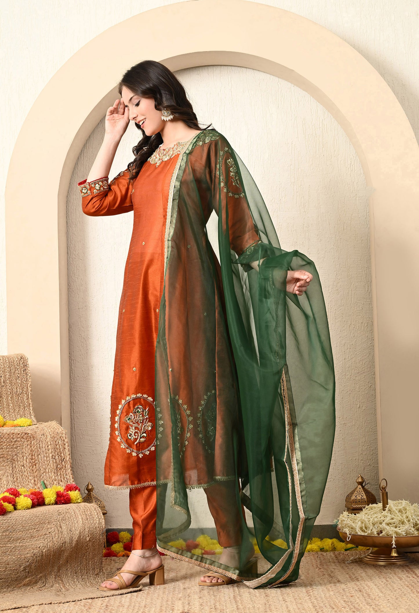 Golden Brown Anarkali Set with Zardozi, Dabka, Sequin, and Thread Work