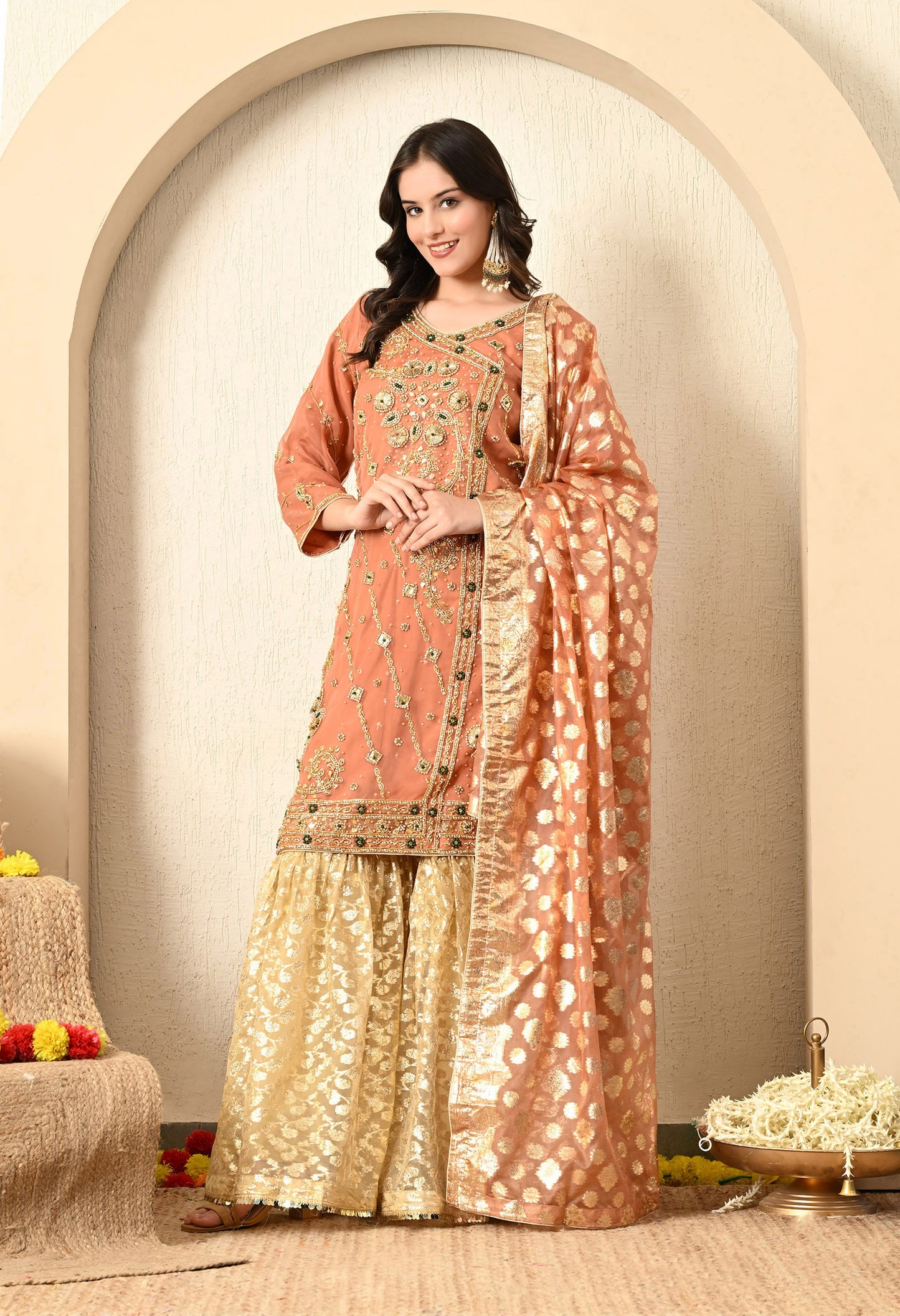Dark Peach Gharara Set with Gotta, Pearl, and Zardozi Work