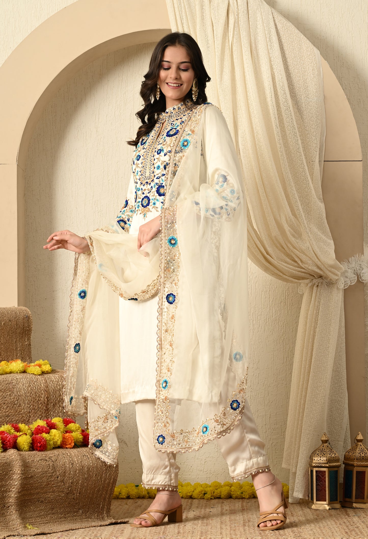 Greenish Cream Kurta Set with Zardozi, Thread, Sequin and Cutdana Work