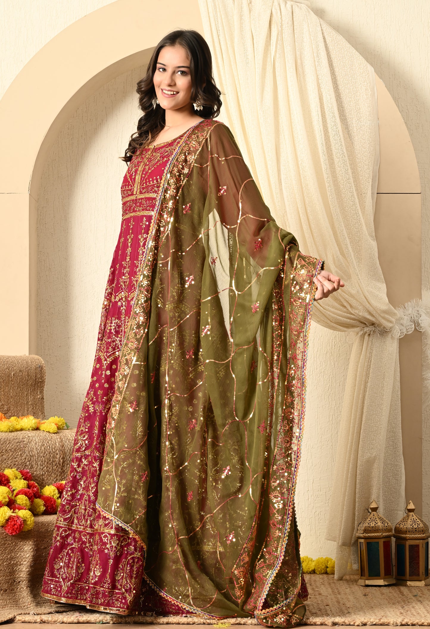 Hot Pink Anarkali with Zardozi and Sequin Work