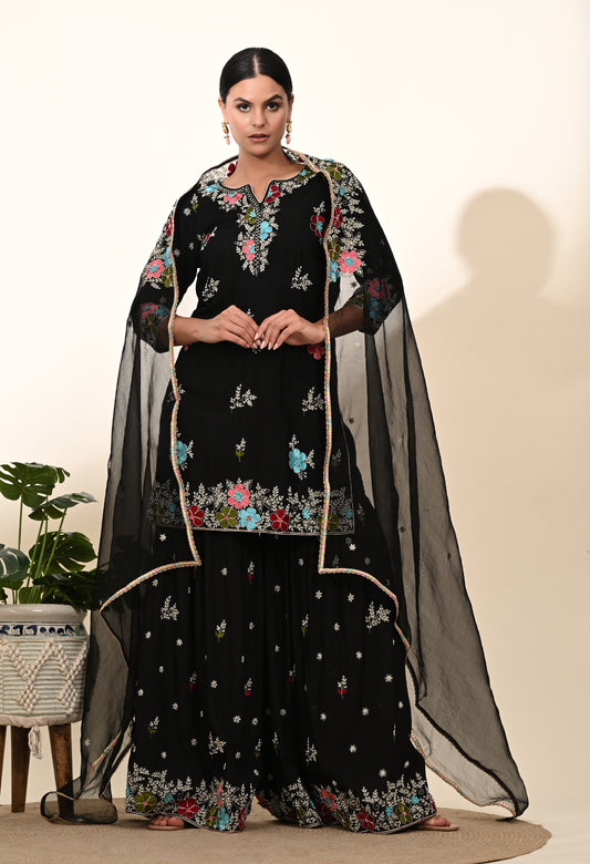 Striking Black Silk Gharara Set with Zardozi Embroidery