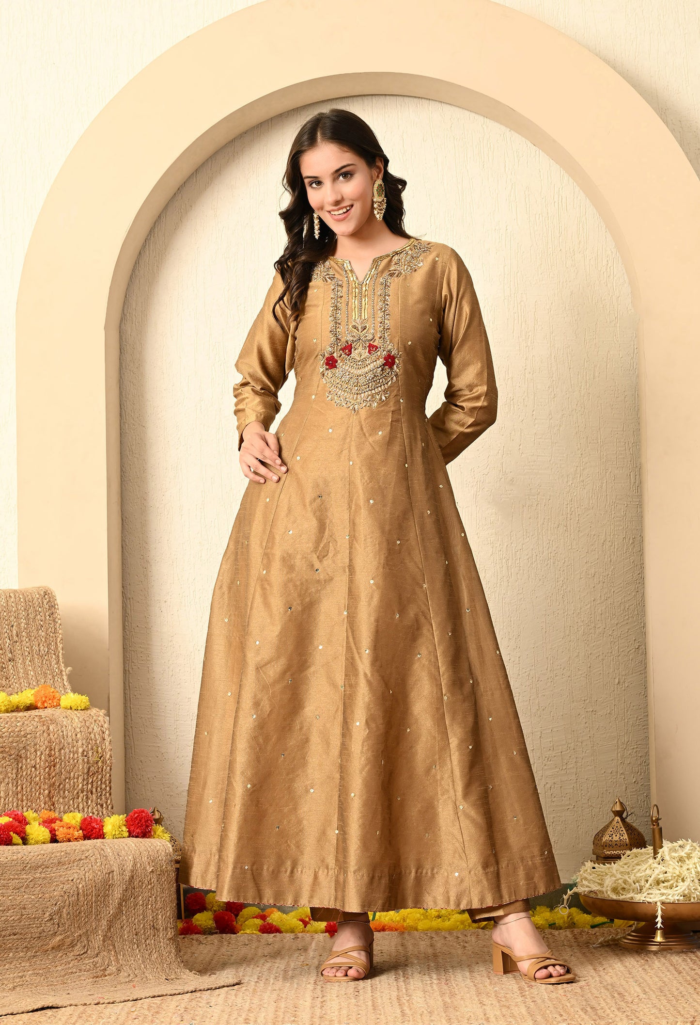 Golden Brown Anarkali Set with Zardozi, Thread, and Sequin Work