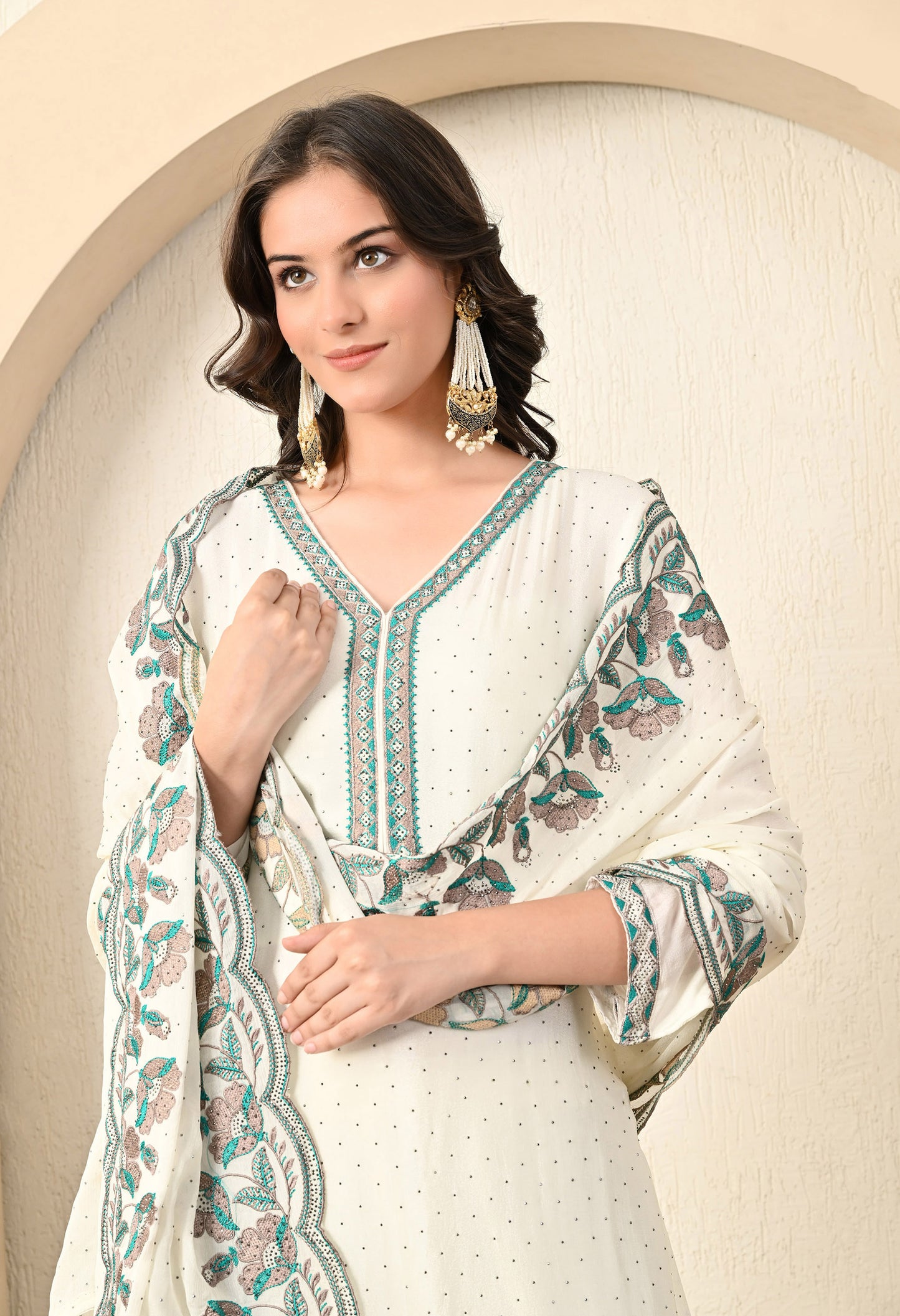 Off White Cream Gharara Set with Elegant Thread and Crystal Work
