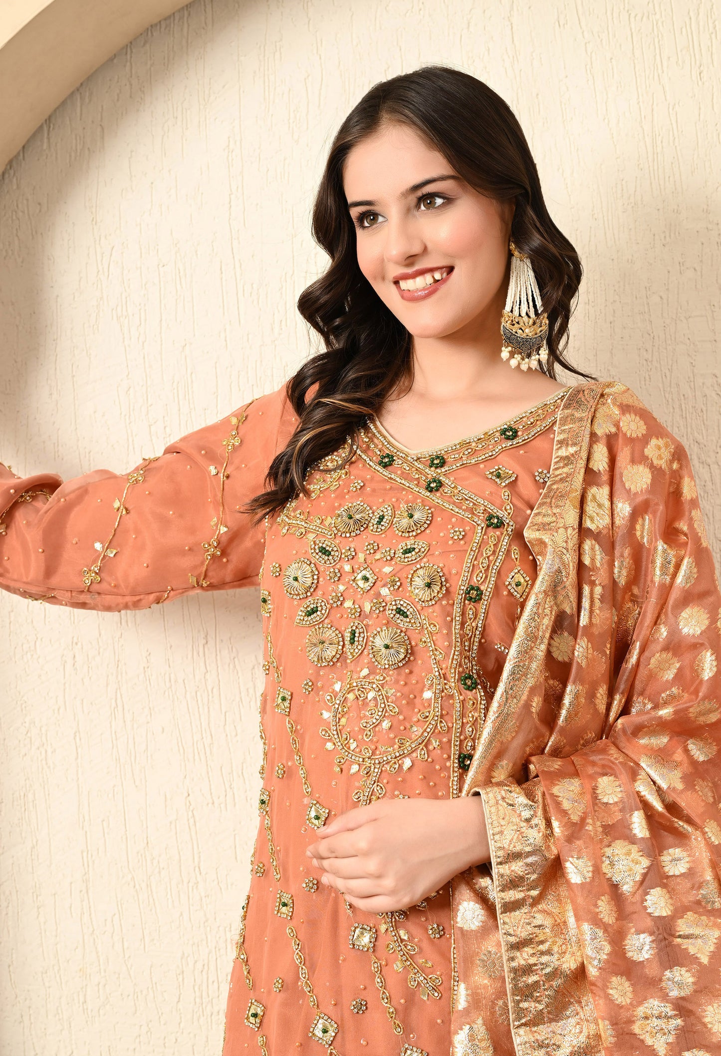 Dark Peach Gharara Set with Gotta, Pearl, and Zardozi Work