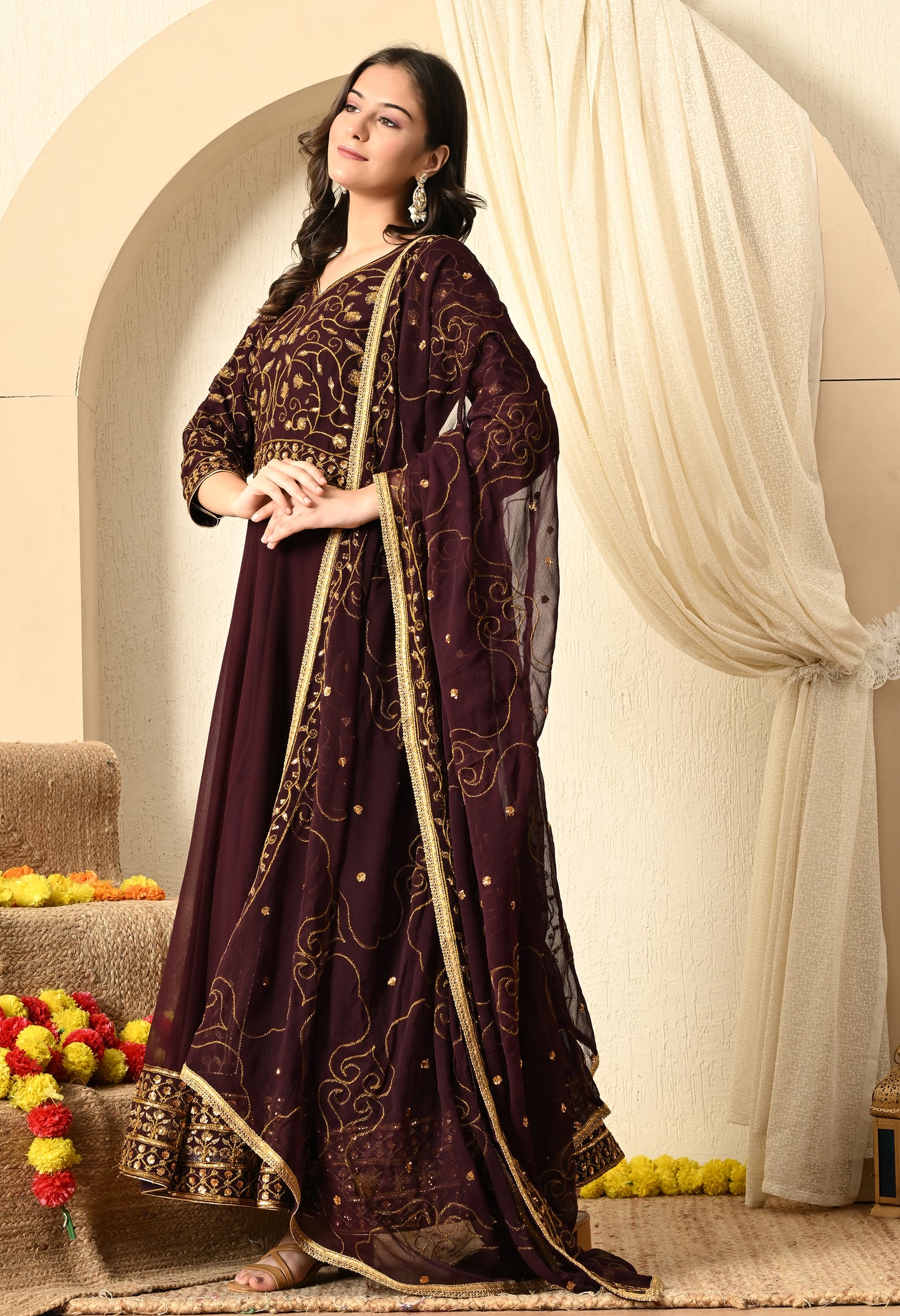 Dark Wine Anarkali  with Zardozi and Sequin Work