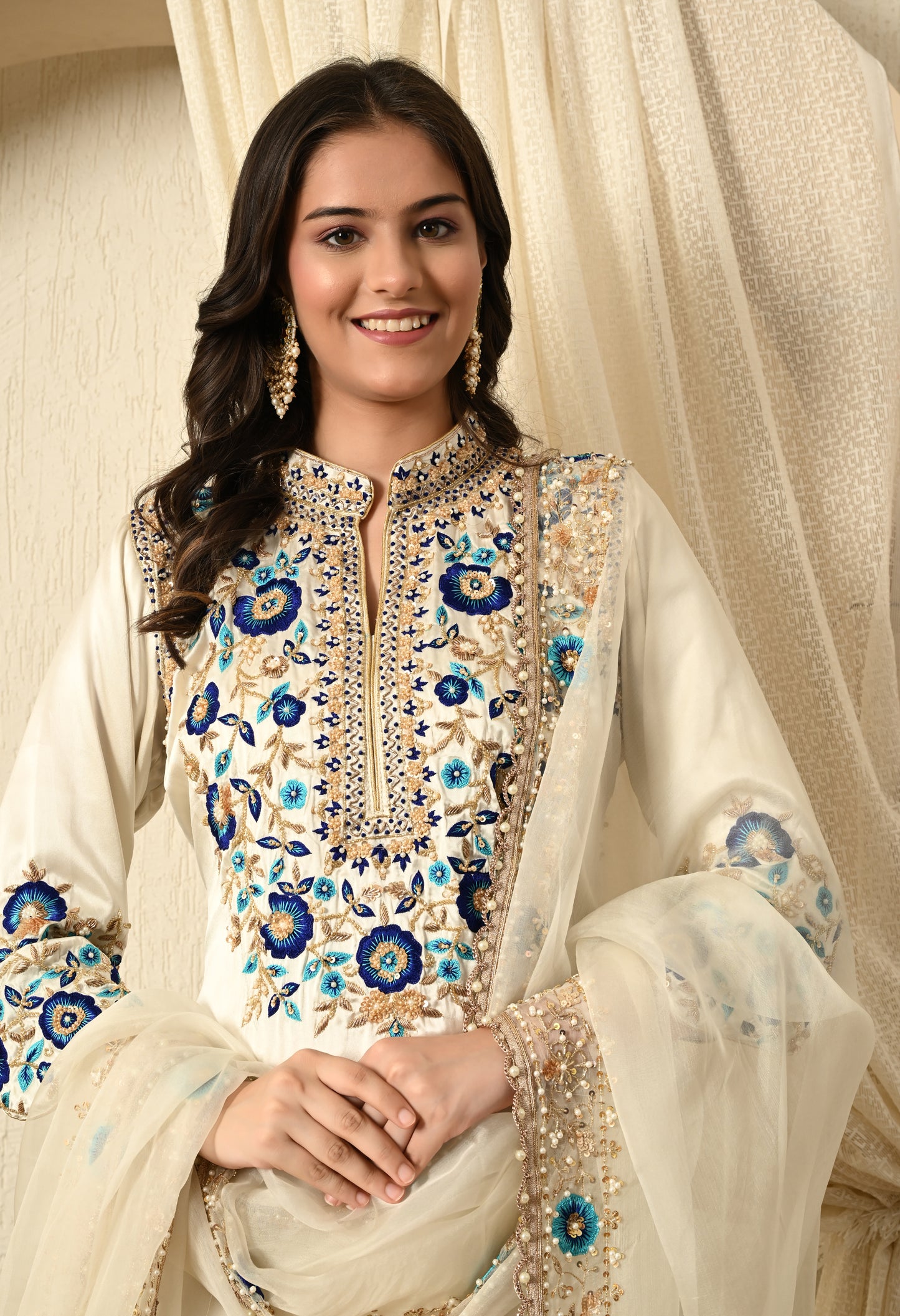 Greenish Cream Kurta Set with Zardozi, Thread, Sequin and Cutdana Work