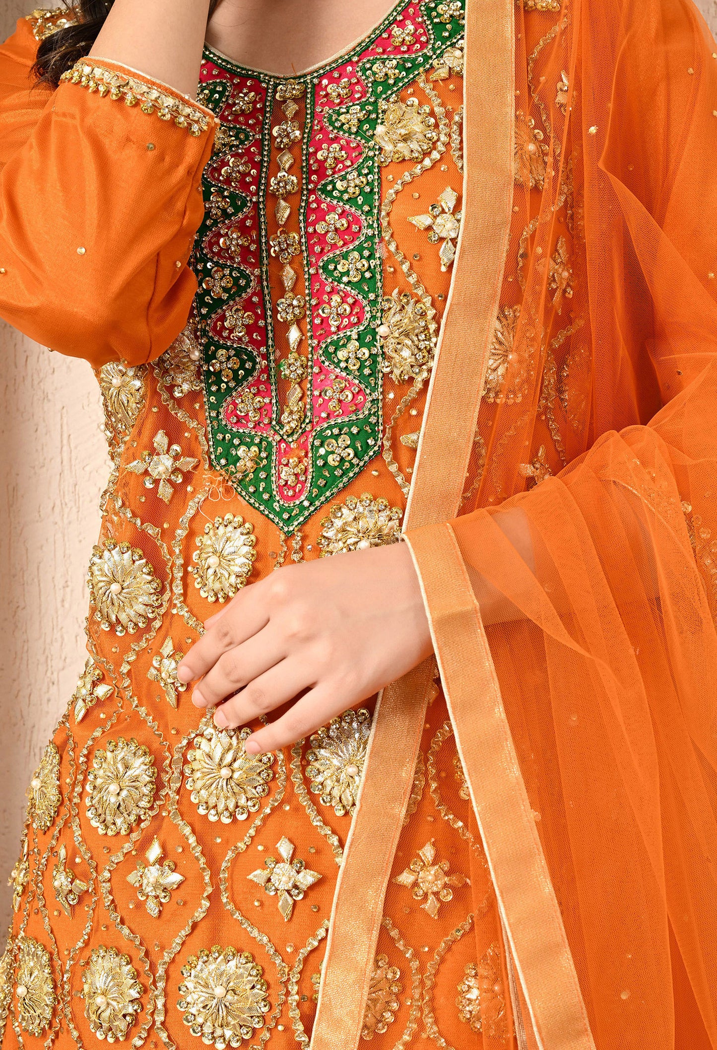 Light Orange Garara Set with Gotta, Zari, and Crystal Work