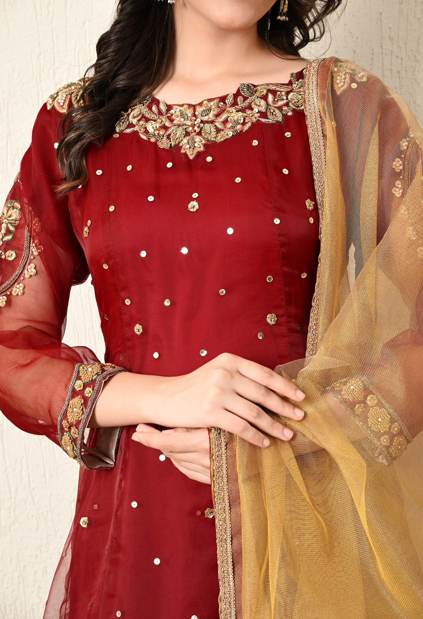 Dark Maroon Anarkali Set with Zardozi, Dabka and Sequin