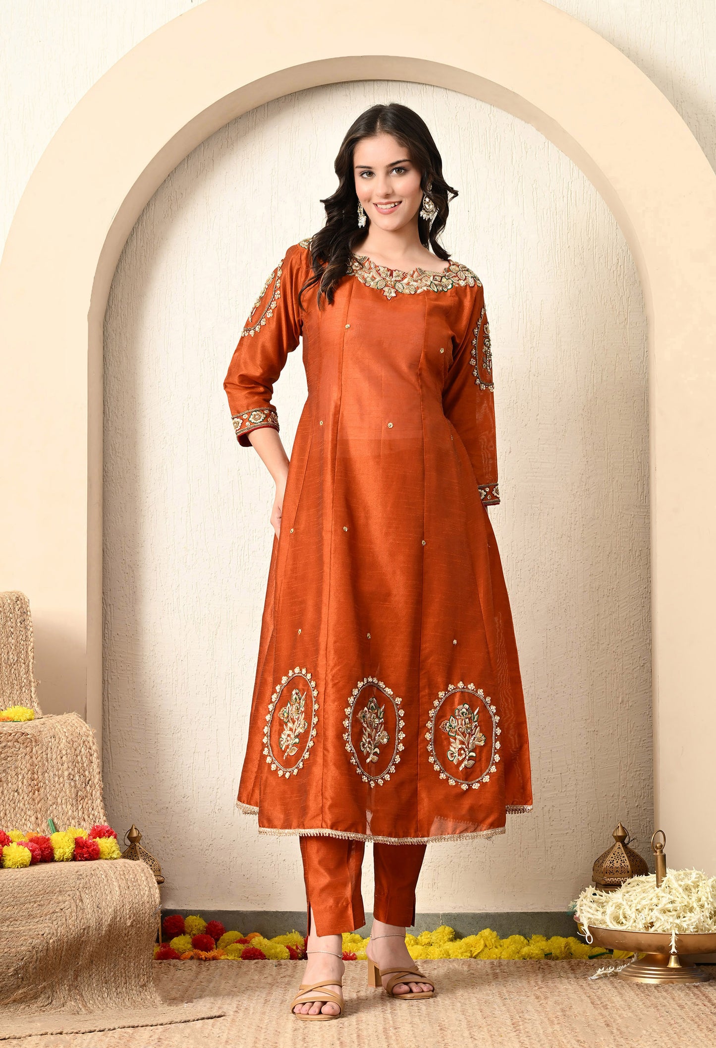 Golden Brown Anarkali Set with Zardozi, Dabka, Sequin, and Thread Work