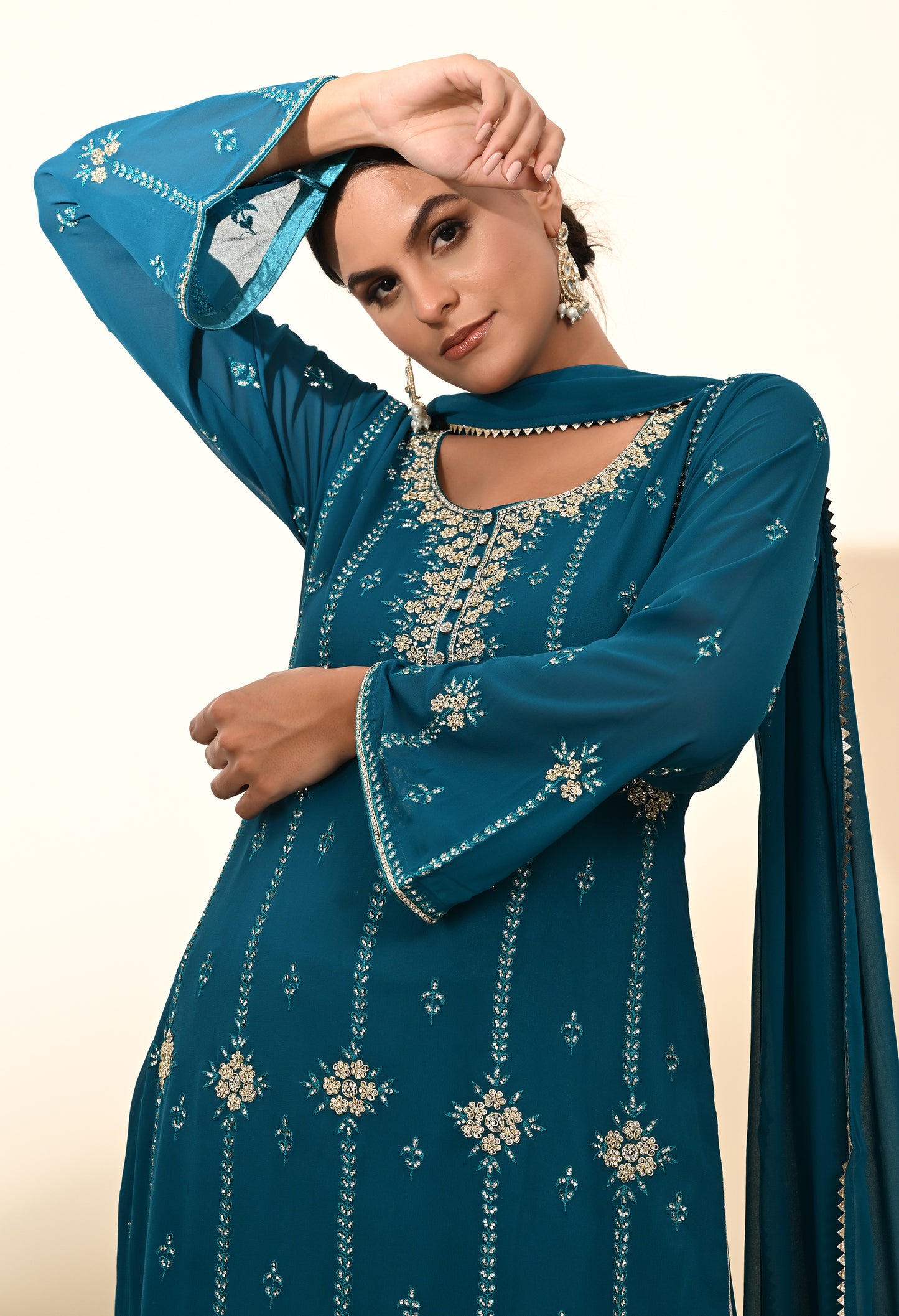 Striking Firozi Blue Georgette Gharara  Set with Thread and Crystal Embroidery