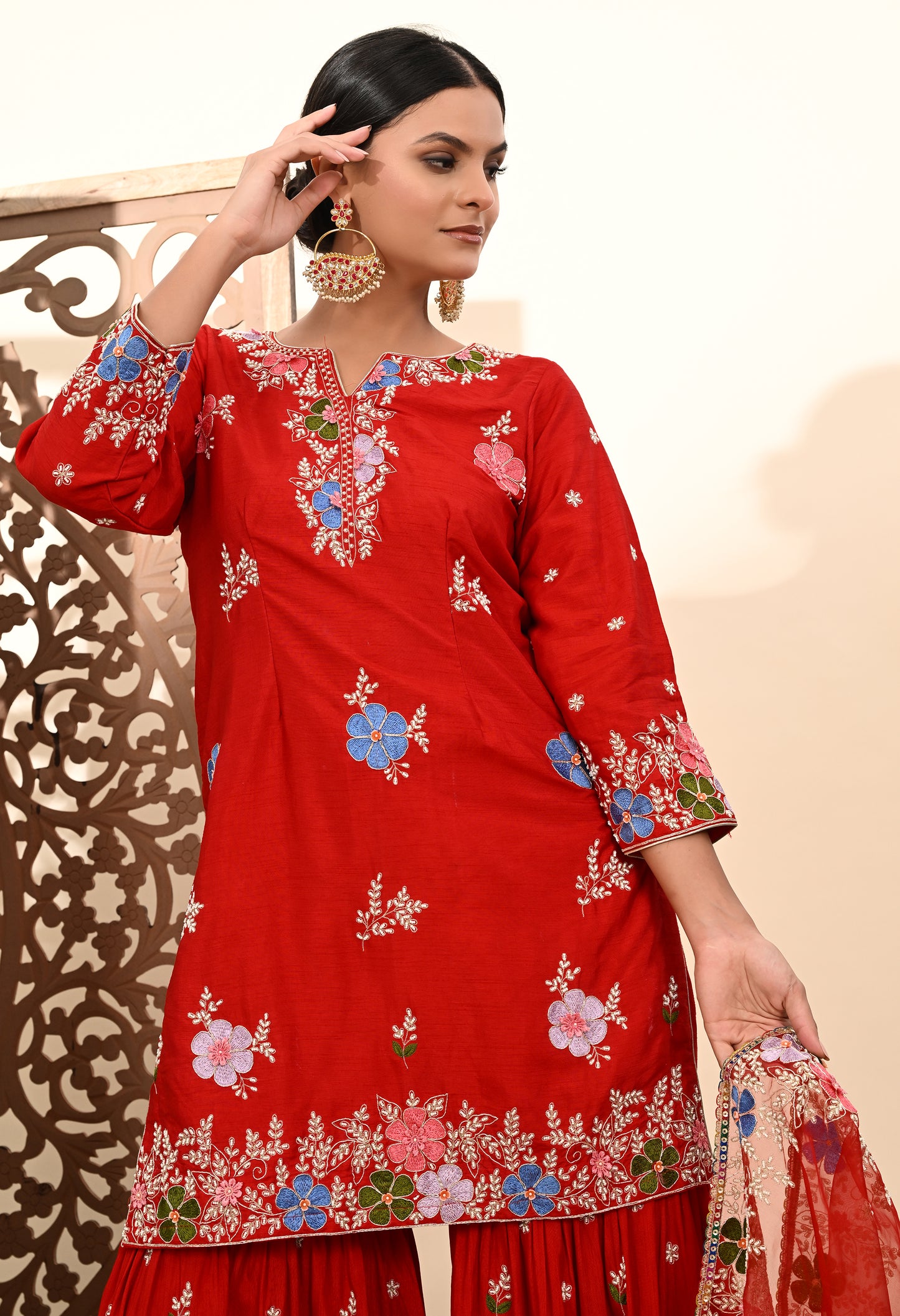Vibrant Red Silk Garara Set with Zardozi Embroidery, Thread, and Pearl Work