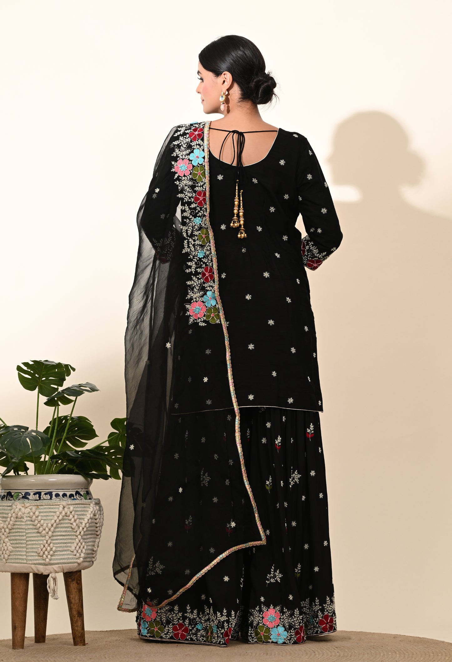 Striking Black Silk Gharara Set with Zardozi Embroidery